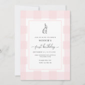 Bunny Rabbit Pink Gingham 1st Birthday Uitnodiging (Voorkant)