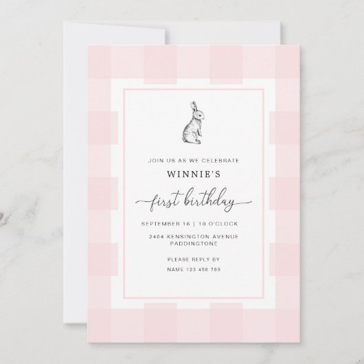 Bunny Rabbit Pink Gingham 1st Birthday Uitnodiging (Voorkant)