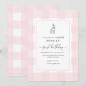 Bunny Rabbit Pink Gingham 1st Birthday Uitnodiging (Voorkant / Achterkant)