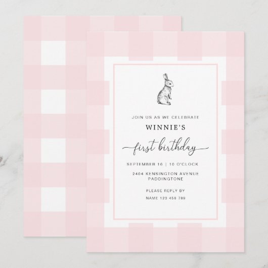 Bunny Rabbit Pink Gingham 1st Birthday Uitnodiging (Voorkant / Achterkant)