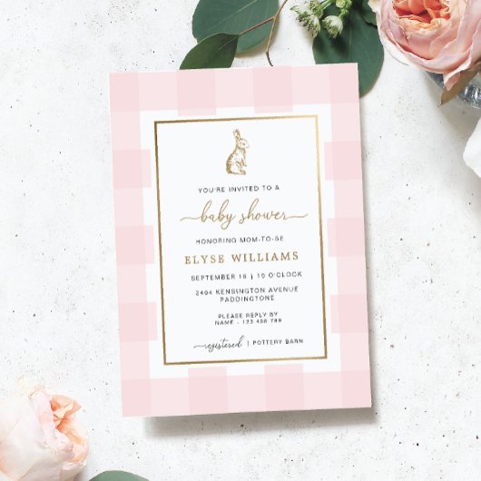 Bunny Rabbit Pink Gingham Baby shower Folie Invite Uitnodiging