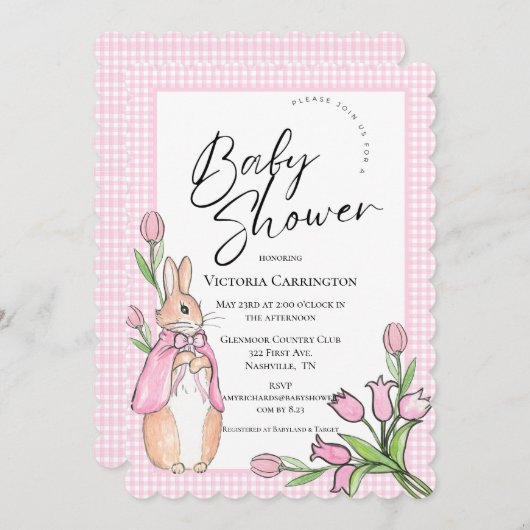 Bunny Rabbit Pink Gingham Baby shower Kaart (Voorkant / Achterkant)