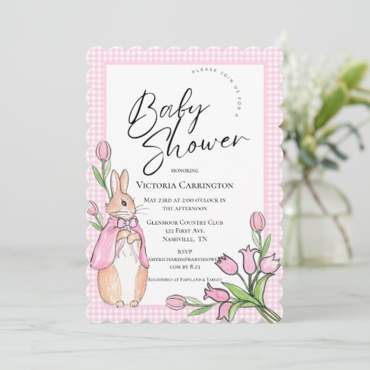 Bunny Rabbit Pink Gingham Baby shower Kaart (Staand voorkant)