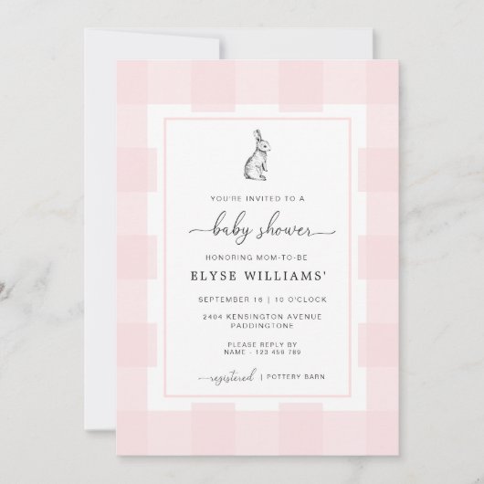 Bunny Rabbit Pink Gingham Baby shower Kaart (Voorkant)