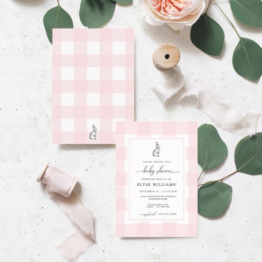 Bunny Rabbit Pink Gingham Baby shower Kaart