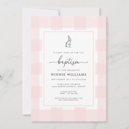 Bunny Rabbit Pink Gingham Baptisme Invitation Kaart (Voorkant)