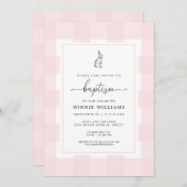 Bunny Rabbit Pink Gingham Baptisme Invitation Kaart (Voorkant / Achterkant)
