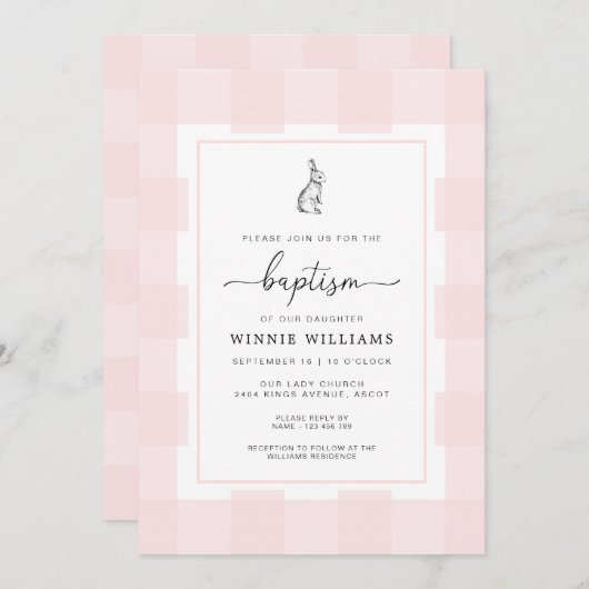 Bunny Rabbit Pink Gingham Baptisme Invitation Kaart (Voorkant / Achterkant)