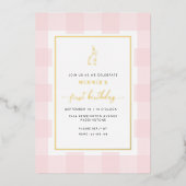 Bunny Rabbit Pink Gingham Birthday Folie Folie Uitnodiging (Voorkant)