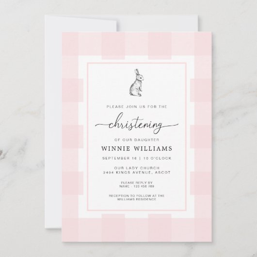 Bunny Rabbit Pink Gingham Christening Kaart (Voorkant)