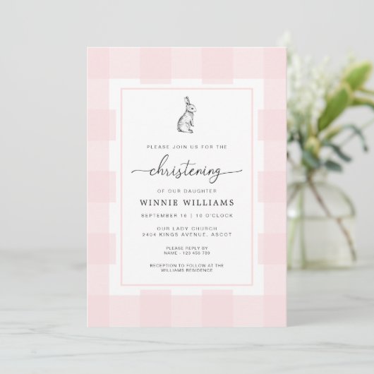 Bunny Rabbit Pink Gingham Christening Kaart (Staand voorkant)