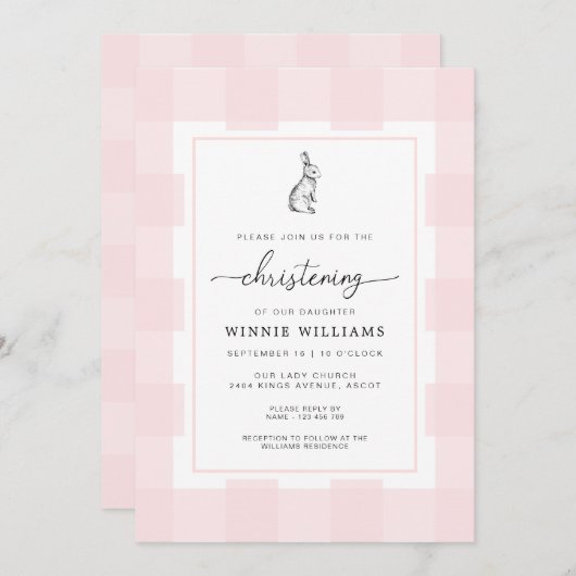 Bunny Rabbit Pink Gingham Christening Kaart (Voorkant / Achterkant)