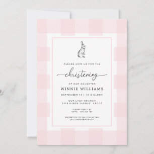 Bunny Rabbit Pink Gingham Christening Kaart
