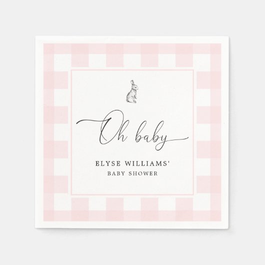 Bunny Rabbit Pink Gingham Oh Baby Paper Napkin Servet (Voorkant)