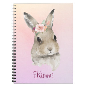 Bunny Rabbit Pink Waterverf Floral Name Cute Notitieboek