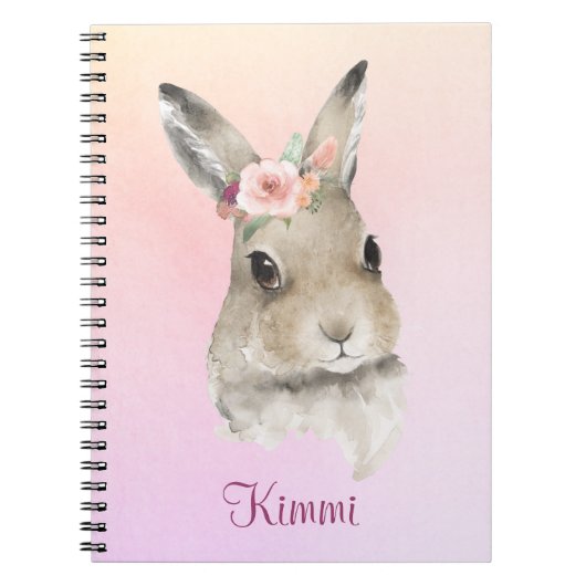 Bunny Rabbit Pink Waterverf Floral Name Cute Notitieboek (Voorkant)