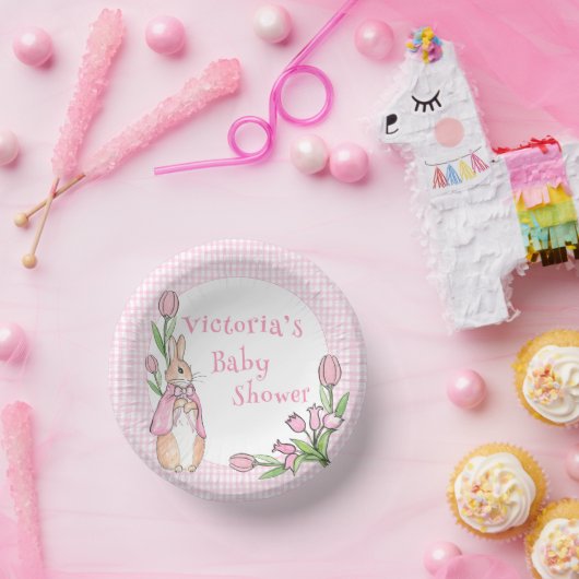 Bunny Rabbit Pink White Gingham Baby shower Papieren Kommen (Feest)