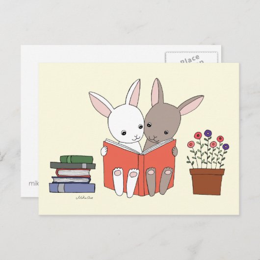 Bunny Rabbit Reading Book Briefkaart Cute Bunny Bo (Voorkant / Achterkant)