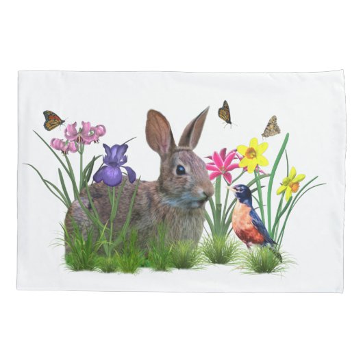 Bunny Rabbit, Robin en Flowers, Kussensloop (Achterkant-Links)