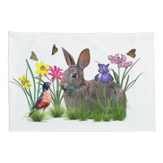 Bunny Rabbit, Robin en Flowers, Kussensloop (Achterkant-Rechts)