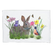 Bunny Rabbit, Robin en Flowers,  Kussensloop (Voorkant-Links)