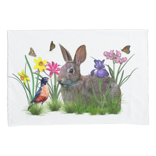 Bunny Rabbit, Robin en Flowers,  Kussensloop (Voorkant-Rechts)
