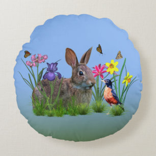 Bunny Rabbit, Robin en Flowers,  Rond Kussen