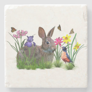 Bunny Rabbit, Robin en Flowers,  Stenen Onderzetter