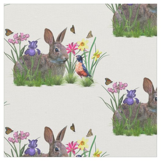 Bunny Rabbit, Robin en Flowers, Stof (Close Up)