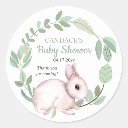 Bunny Rabbit Sage Floral Wreath Baby shower Ronde Sticker (Voorkant)