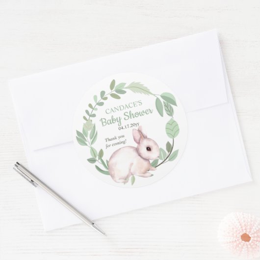 Bunny Rabbit Sage Floral Wreath Baby shower Ronde Sticker (Envelop)