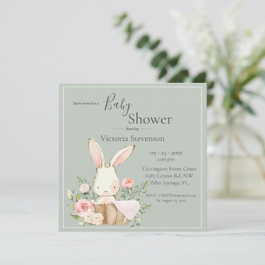Bunny Rabbit Sage Green Baby shower Invitation (Staand voorkant)