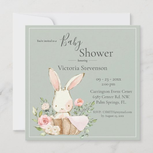 Bunny Rabbit Sage Green Baby shower Invitation (Voorkant)