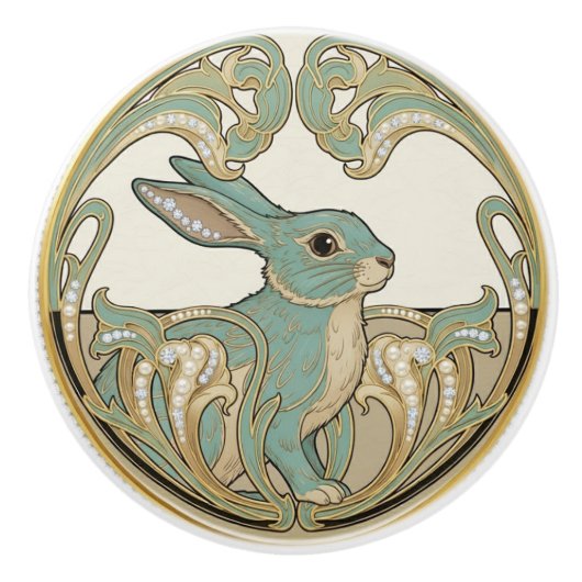 Bunny Rabbit Sage Green & Gold Art Deco Nouveau Keramische Knop (Voorkant)