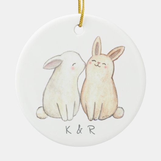 Bunny Rabbit Schattige Paar Eerste Kerst Samen Keramisch Ornament (Voorkant)