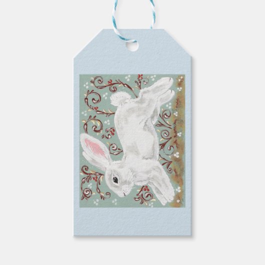 Bunny Rabbit & Sneeuwkerstcadeau Label Blue Pastel Cadeaulabel (Voorkant)