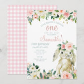 Bunny Rabbit Spring Floral Girl 1e verjaardag Kaart (Voorkant / Achterkant)