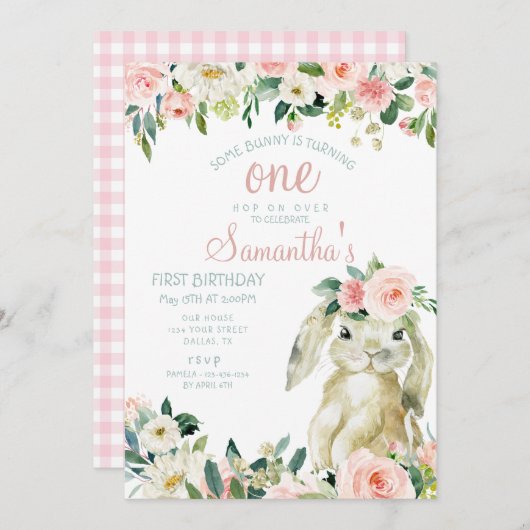 Bunny Rabbit Spring Floral Girl 1e verjaardag Kaart (Voorkant / Achterkant)