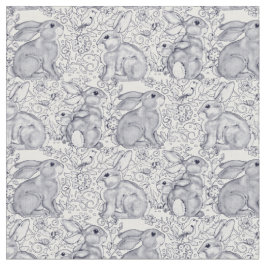 Bunny Rabbit Toile Pattern Blue & White Cute Decor Stof