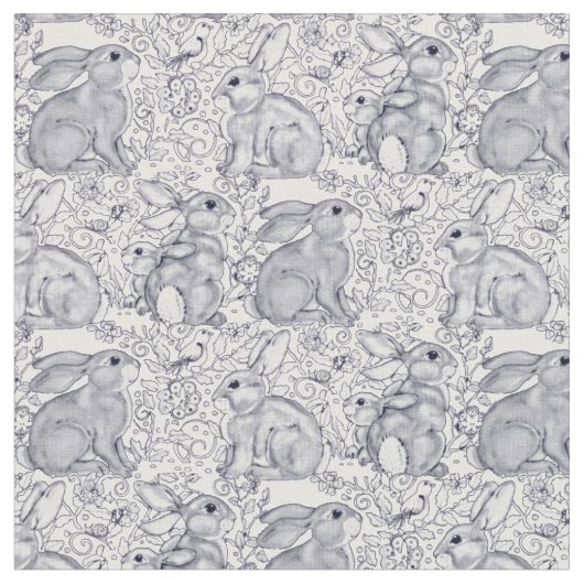 Bunny Rabbit Toile Pattern Blue & White Cute Decor Stof (Close Up)