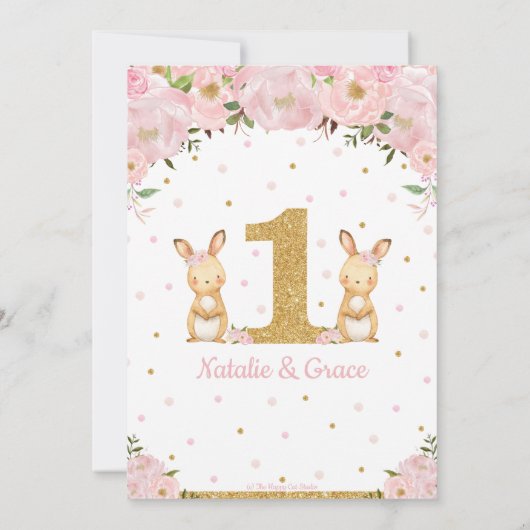 Bunny Rabbit Twin Girls 1e Verjaardag Party Twins Kaart (Achterkant)