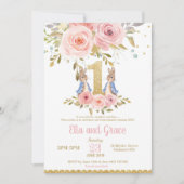 Bunny Rabbit Twin Girls 1e verjaardag Uitnodiging (Voorkant)