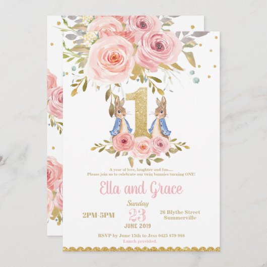 Bunny Rabbit Twin Girls 1e verjaardag Uitnodiging (Voorkant / Achterkant)
