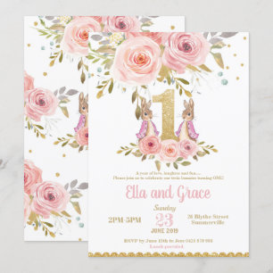 Bunny Rabbit Twin Girls 1e verjaardag Uitnodiging