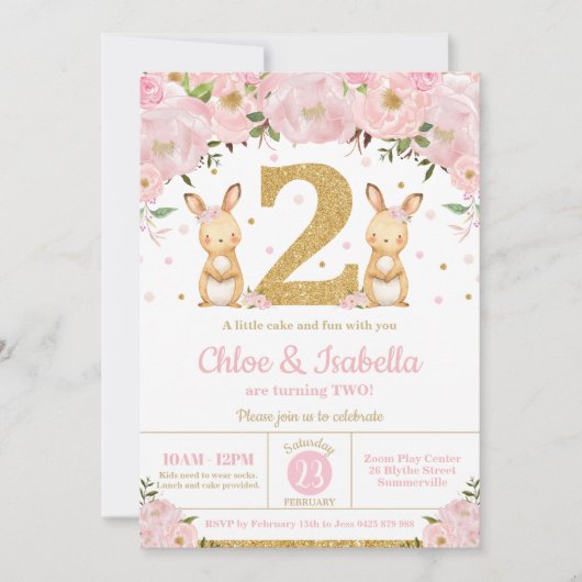 Bunny Rabbit Twin Girls 2e verjaardag Twins Kaart (Voorkant)