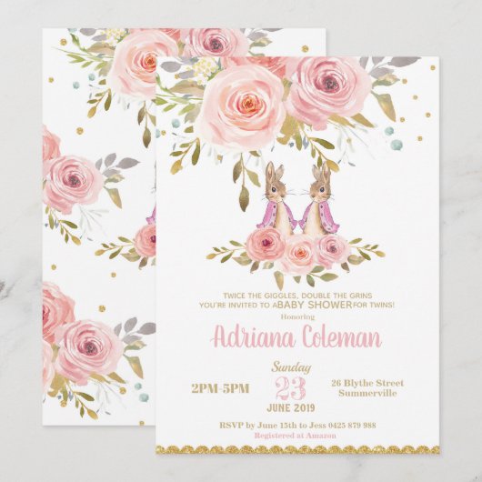 Bunny Rabbit Twin Girls Baby shower Invitation Kaart (Voorkant / Achterkant)