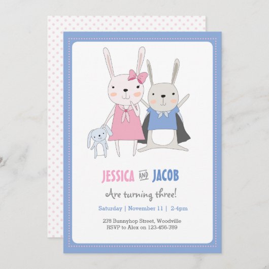 Bunny Rabbit Twins Birthday Uitnodiging (Voorkant / Achterkant)