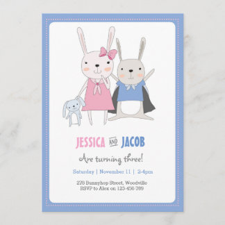 Bunny Rabbit Twins Birthday Uitnodiging