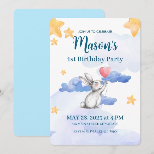 Bunny Rabbit Verjaardagsfeestje Uitnodiging Jongen (Voorkant / Achterkant)