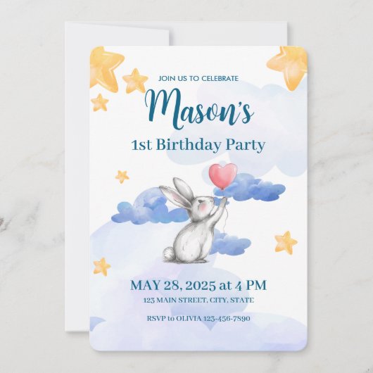 Bunny Rabbit Verjaardagsfeestje Uitnodiging Jongen (Voorkant)